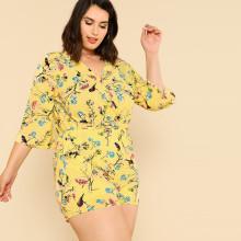 Shein Plus Flower And Bird Print Surplice Front Romper