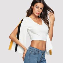 Shein Contrast Tape Split Sleeve Crop Top