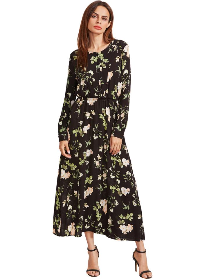 Shein Black Floral Long Sleeve Maxi Dress