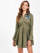 Shein Flower Patch Fluted Sleeve High Waist Shirt Dress