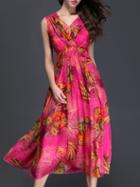 Shein Red V Neck Sleeveless Print Dress