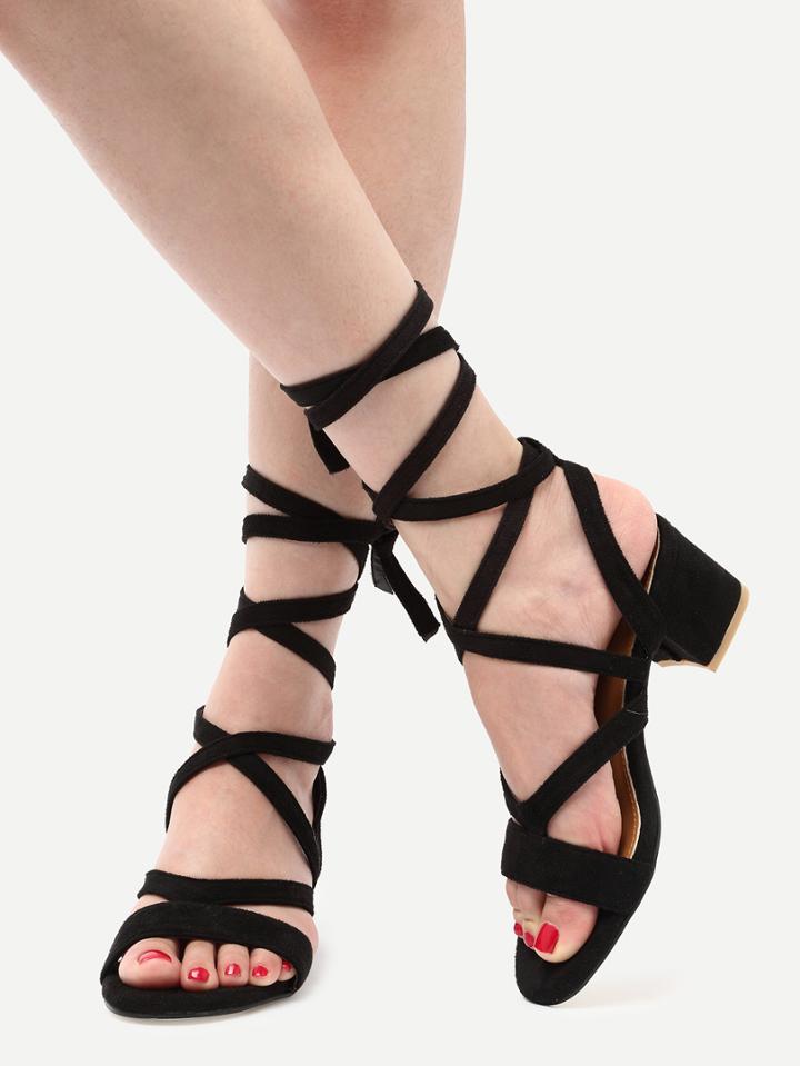 Shein Black Faux Suede Lace Up Sandals