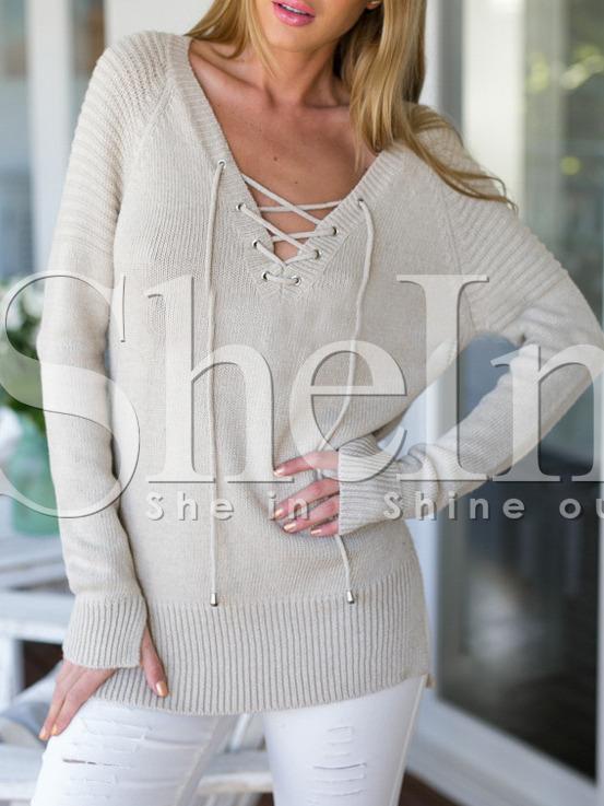 Shein Beige Long Sleeve Lace Up Sweater