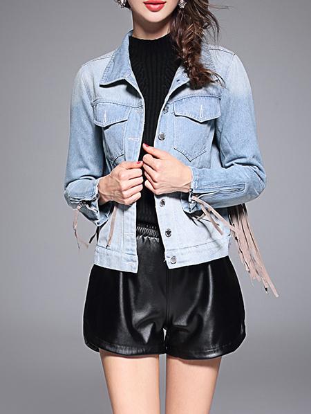 Shein Blue Lapel Tassel Denim Coat