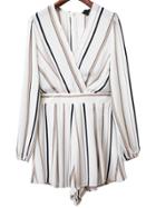 Shein White Stripe Deep V Neck Belted Romper