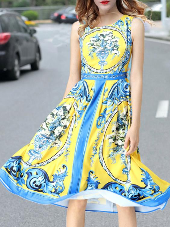 Shein Yellow Crew Neck Print A-line Dress