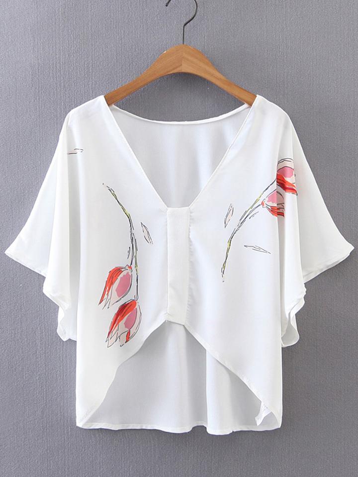 Shein V-cut Batwing Sleeve Asymmetrical Hem Blouse