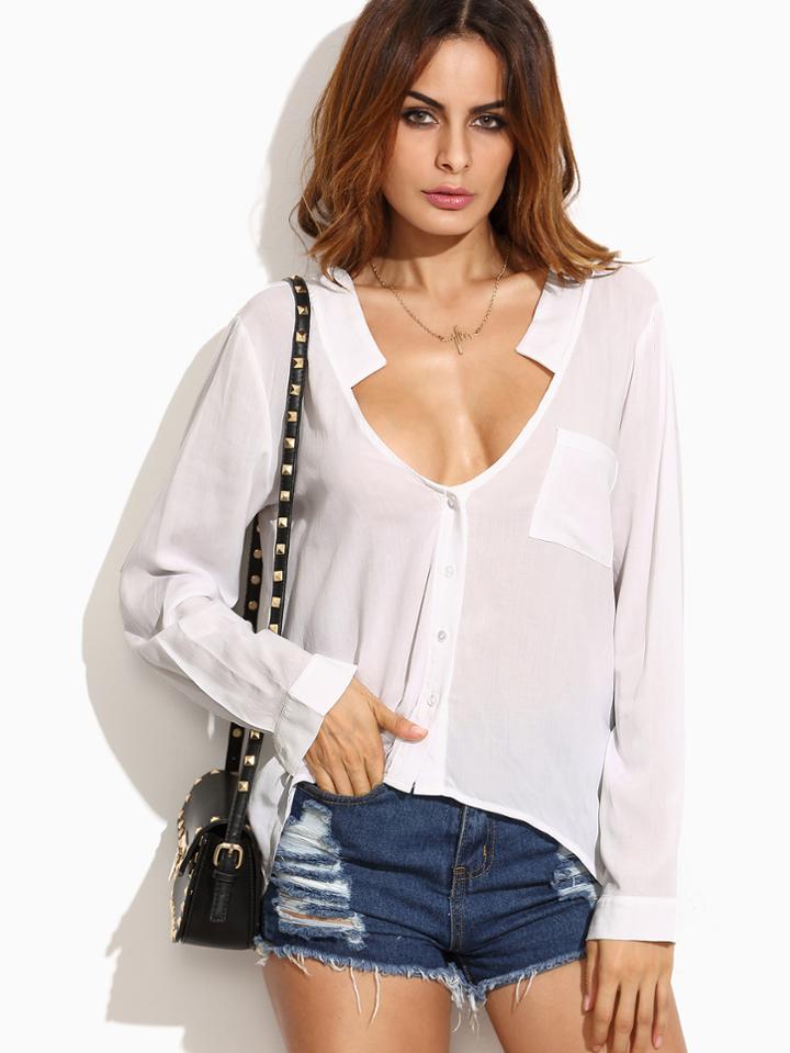 Shein White Deep V Neck High Low Blouse