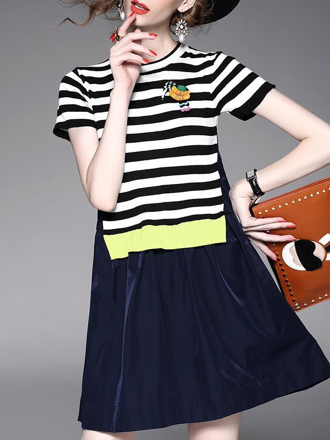 Shein Naby Striped Applique Pouf A-line Dress