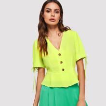 Shein V Neck Knot Cuff Peplum Blouse