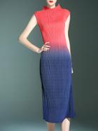 Shein Red Contrast Blue Gradient Pleated Elastic Dress