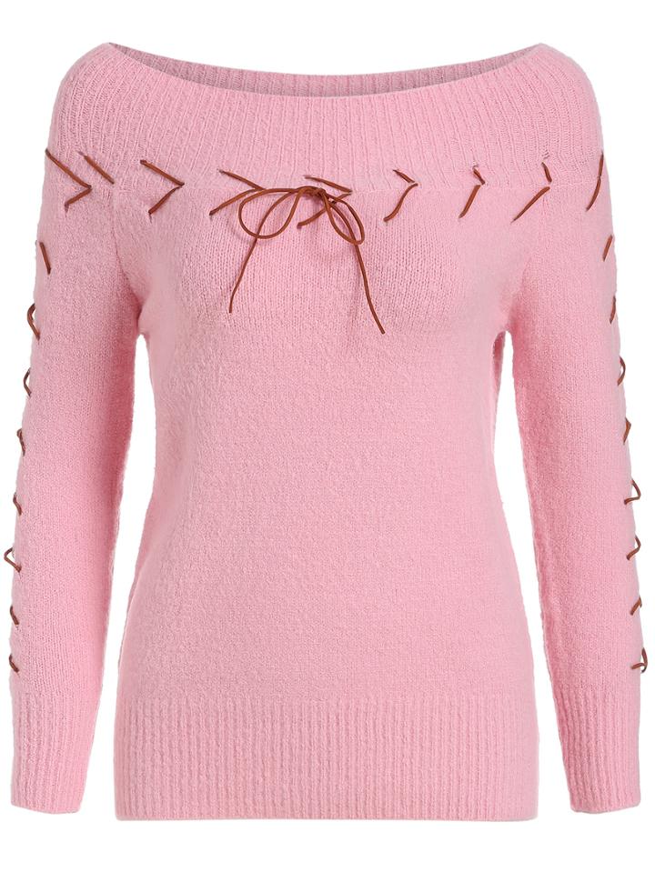 Shein Pink Boat Neck Lace Up Knitwear