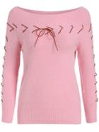 Shein Pink Boat Neck Lace Up Knitwear