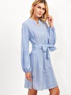 Shein Blue Vertical Striped Lantern Sleeve Belted Shirt Dress