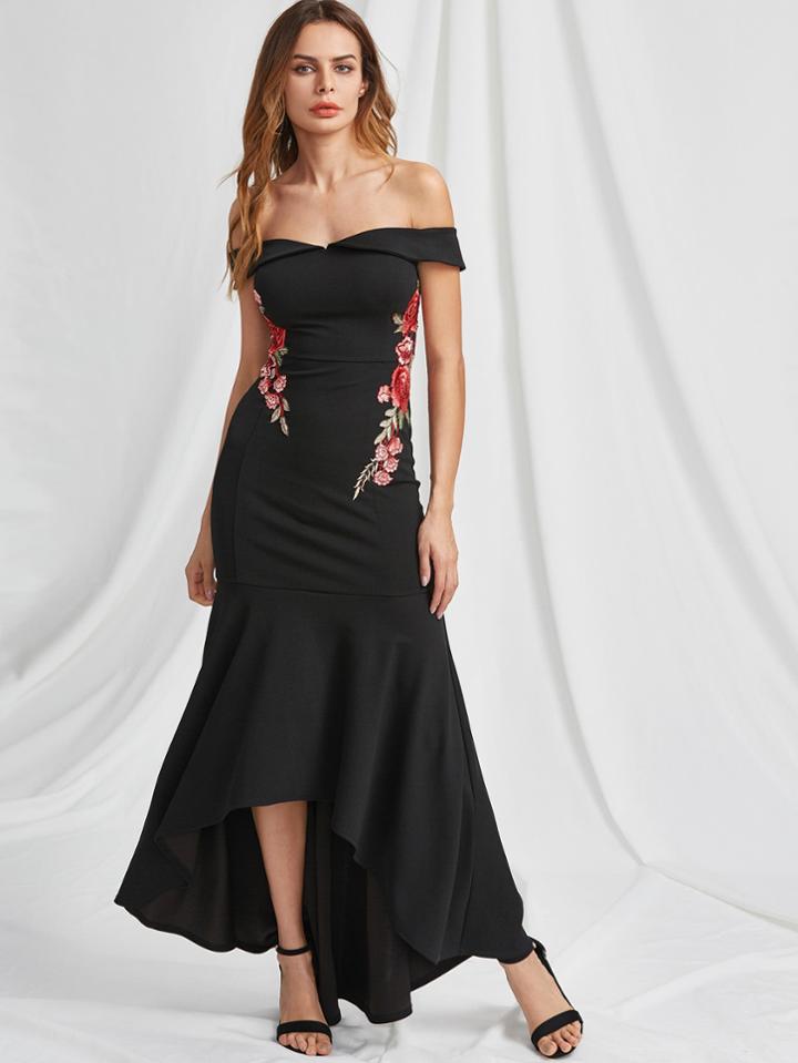 Shein Foldover Bardot Neck Embroidered Rose Applique Fishtail Dress