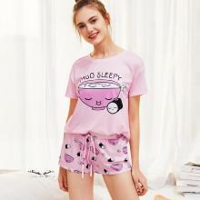 Shein Cartoon Print Top And Drawstring Waist Shorts Pj Set