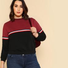 Shein Plus Striped Tape Detail Two Tone Pullover
