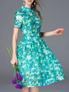 Shein Green Lapel Floral Belted A-line Dress