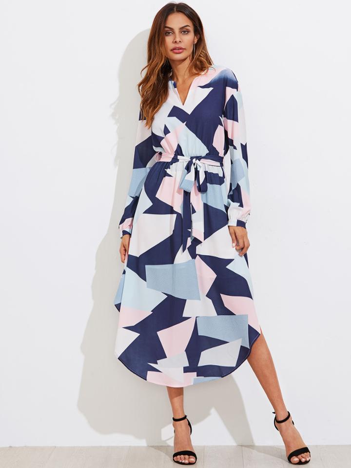 Shein Geo Print Curved Hem Self Belted Dress