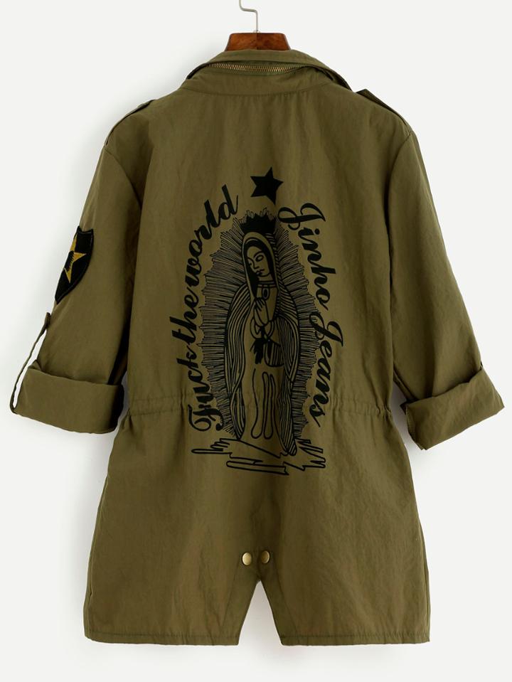 Shein Army Green Printed Back Drawstring Waist Utility Coat