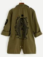 Shein Army Green Printed Back Drawstring Waist Utility Coat