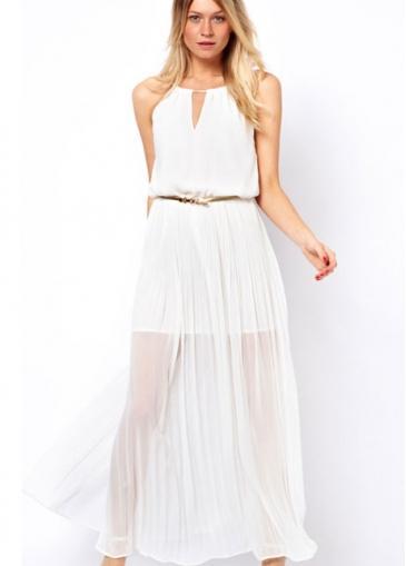 Rosewe Hot Sale Pleated High Waist Slit Dress White