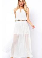 Rosewe Hot Sale Pleated High Waist Slit Dress White