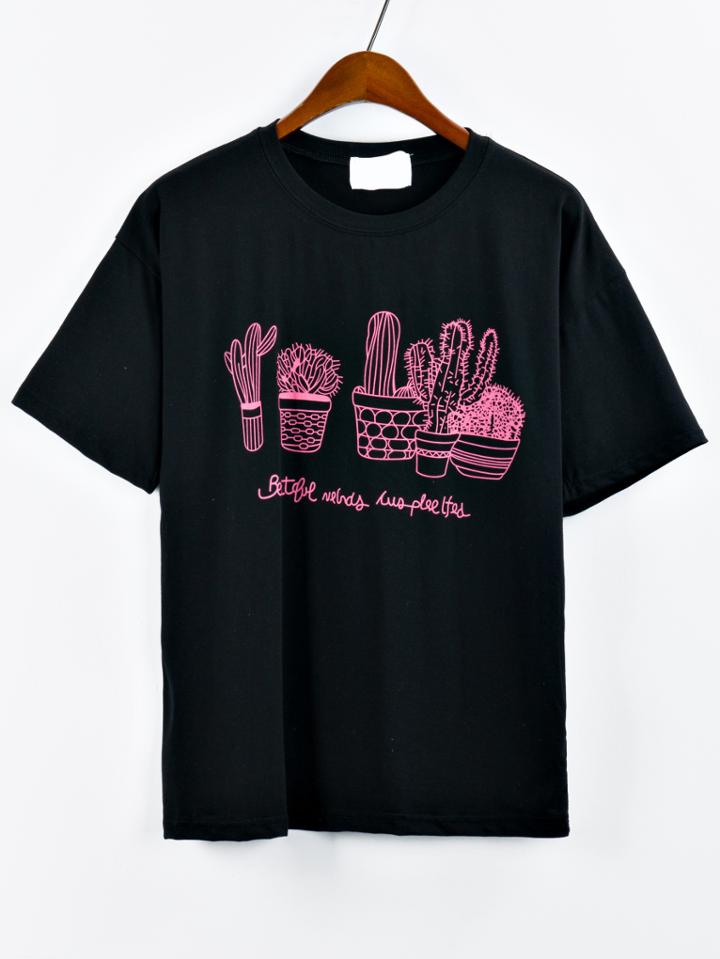 Shein Cactus Print Drop Shoulder T-shirt - Black