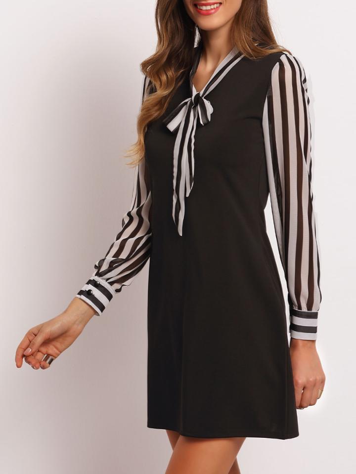Shein Black Bow Collar Striped Slim Dress