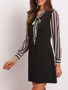 Shein Black Bow Collar Striped Slim Dress
