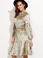 Shein Gold Velvet Fungus Collar Lantern Sleeve Self Tie Dress