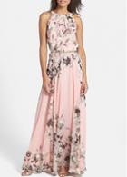 Rosewe Sleeveless Flower Printed Pink Maxi Dress