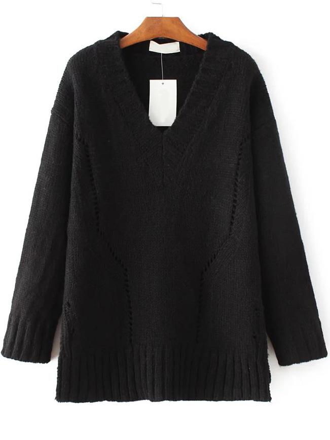 Shein Black V Neck Side Slit Sweater
