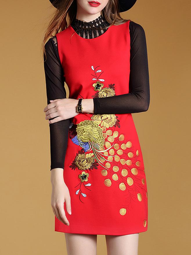 Shein Red Sleeveless Peacock Embroidered Shift Dress