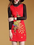 Shein Red Sleeveless Peacock Embroidered Shift Dress