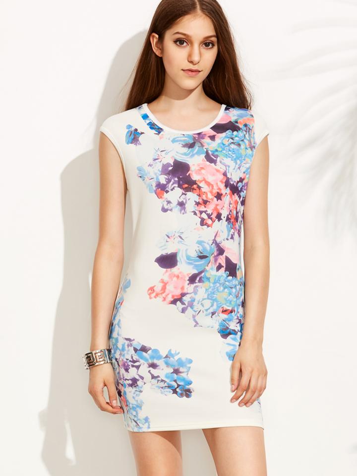 Shein White Floral Print Sleeveless Sheath Dress