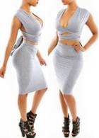 Rosewe Hollow Out V Neck Two Piece Grey Dress