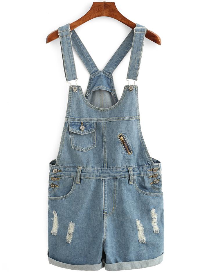 Shein Frayed Rolled Hem Overall Denim Shorts