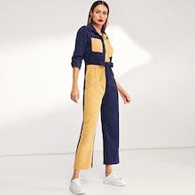 Shein Contrast Panel Self Tie Corduroy Jumpsuit