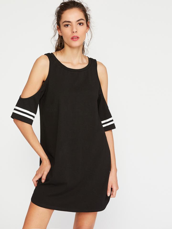 Shein Open Shoulder Striped Sleeve Tee Dress