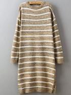 Shein Khaki White Round Neck Striped Split Sweater