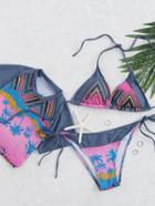Shein Grey Tropical Print Side Tie Bikini Set With T-shirt