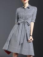 Shein White Lapel Tie-waist Striped Dress