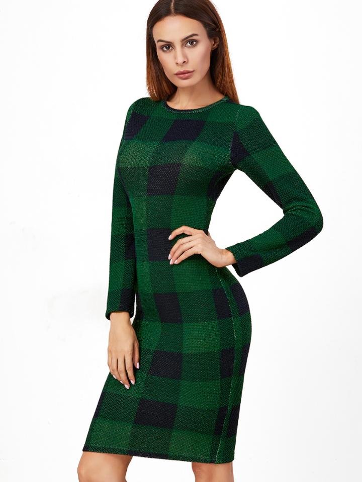 Shein Green Plaid Long Sleeve Pencil Dress