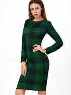 Shein Green Plaid Long Sleeve Pencil Dress