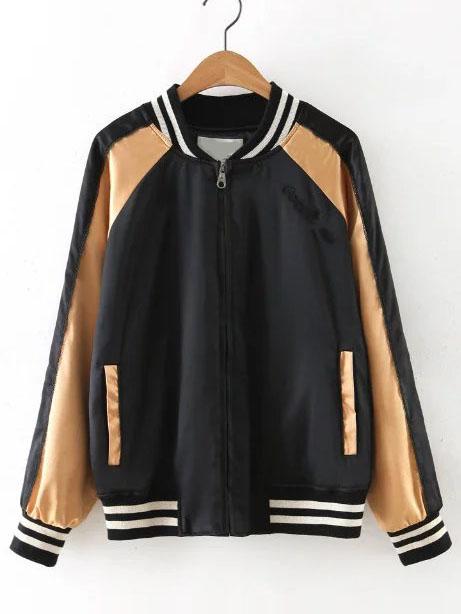 Shein Black Color Block Wing Embroidered Bomber Jacket