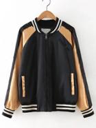 Shein Black Color Block Wing Embroidered Bomber Jacket