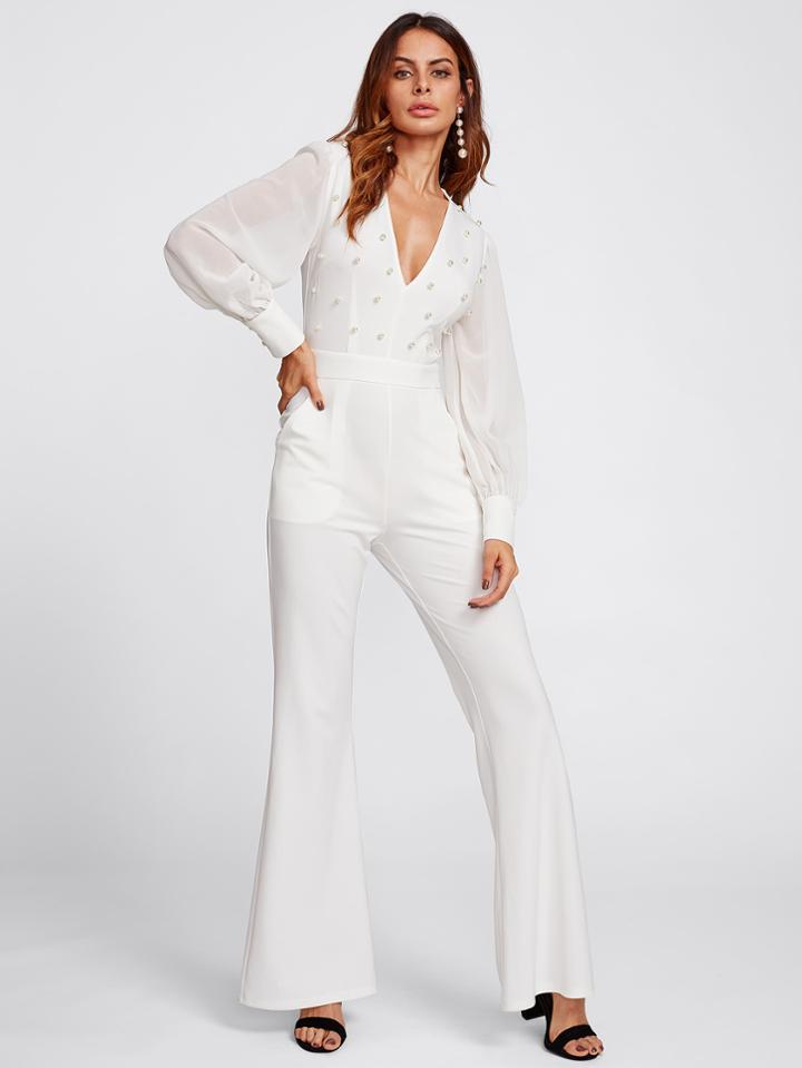 Shein Plunging Pearl Embellished Lantern Sleeve Flared Jumpsuit