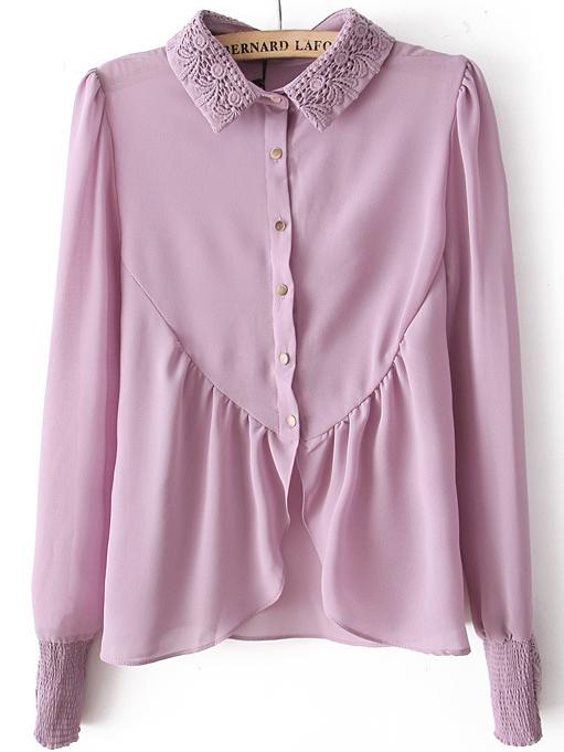 Shein Purple Lace Crochet Buttons Asymmetrical Chiffon Blouse