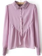 Shein Purple Lace Crochet Buttons Asymmetrical Chiffon Blouse